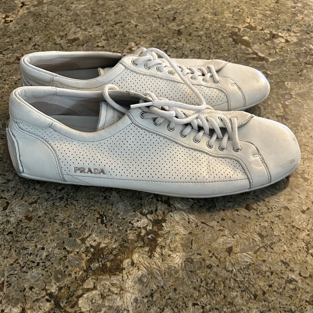 Prada Men's White Perforated Leather Sneakers